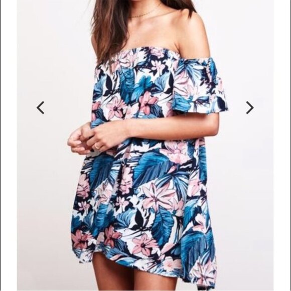 Spiritual Gangster Blue Floral Waikiki Off the Shoulder micro mini dress size S - Picture 12 of 13